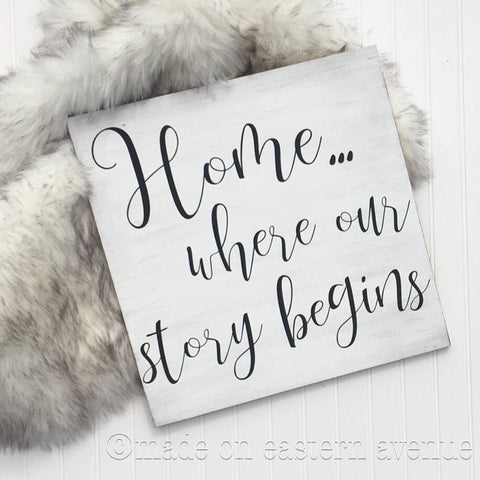 Home is where our story begins sign, painted wood sign, farmhouse decor, farmhouse style, gallery wall,   Inspirational sign